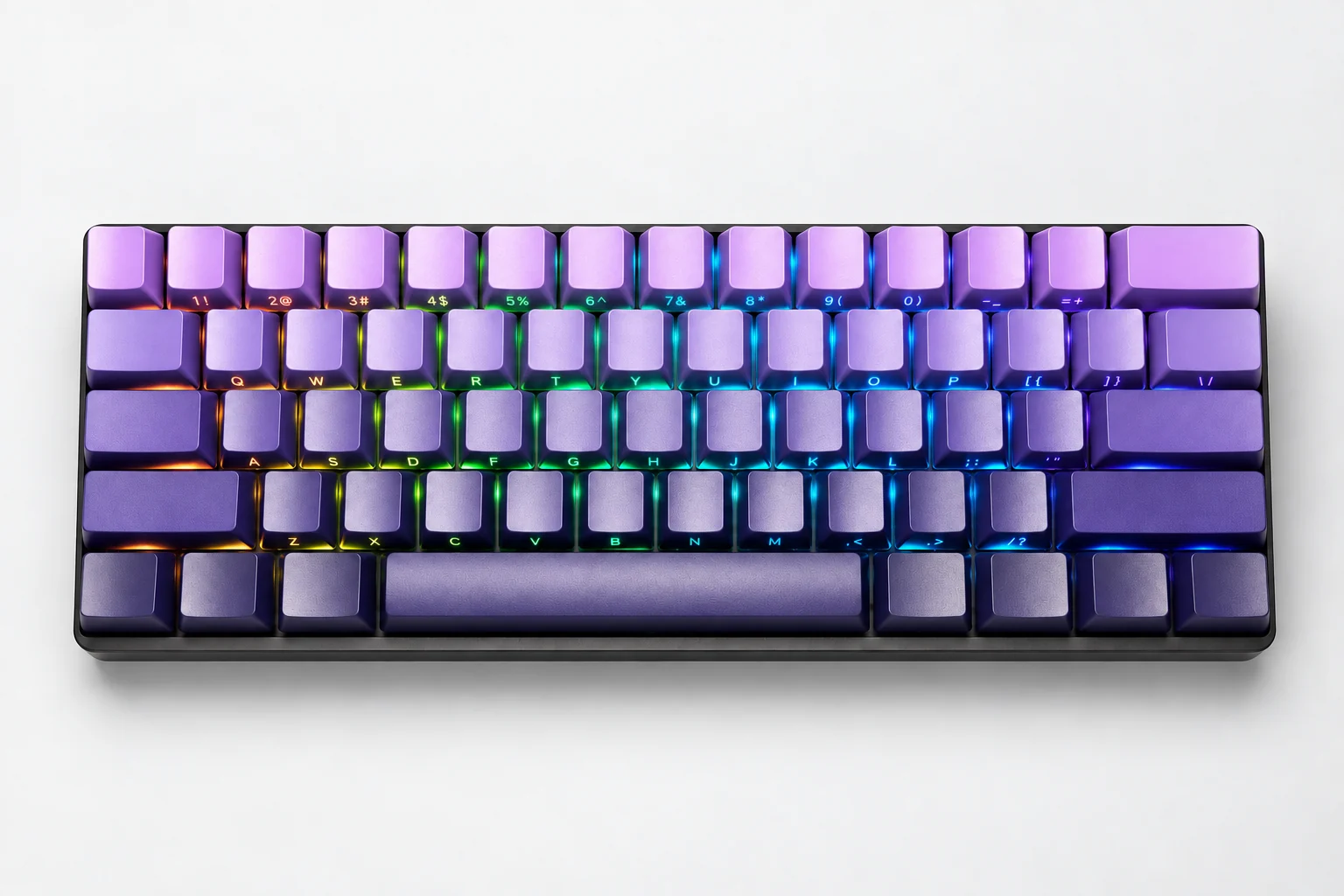 Front view of Nebula 60 with purple gradient keycaps, side legends, and RGB